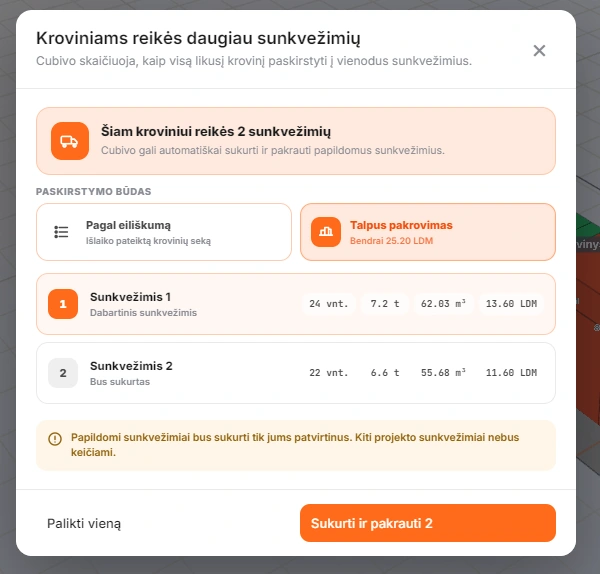 Cubivo automatiškai apskaičiuotas dviejų sunkvežimių pakrovimo planas