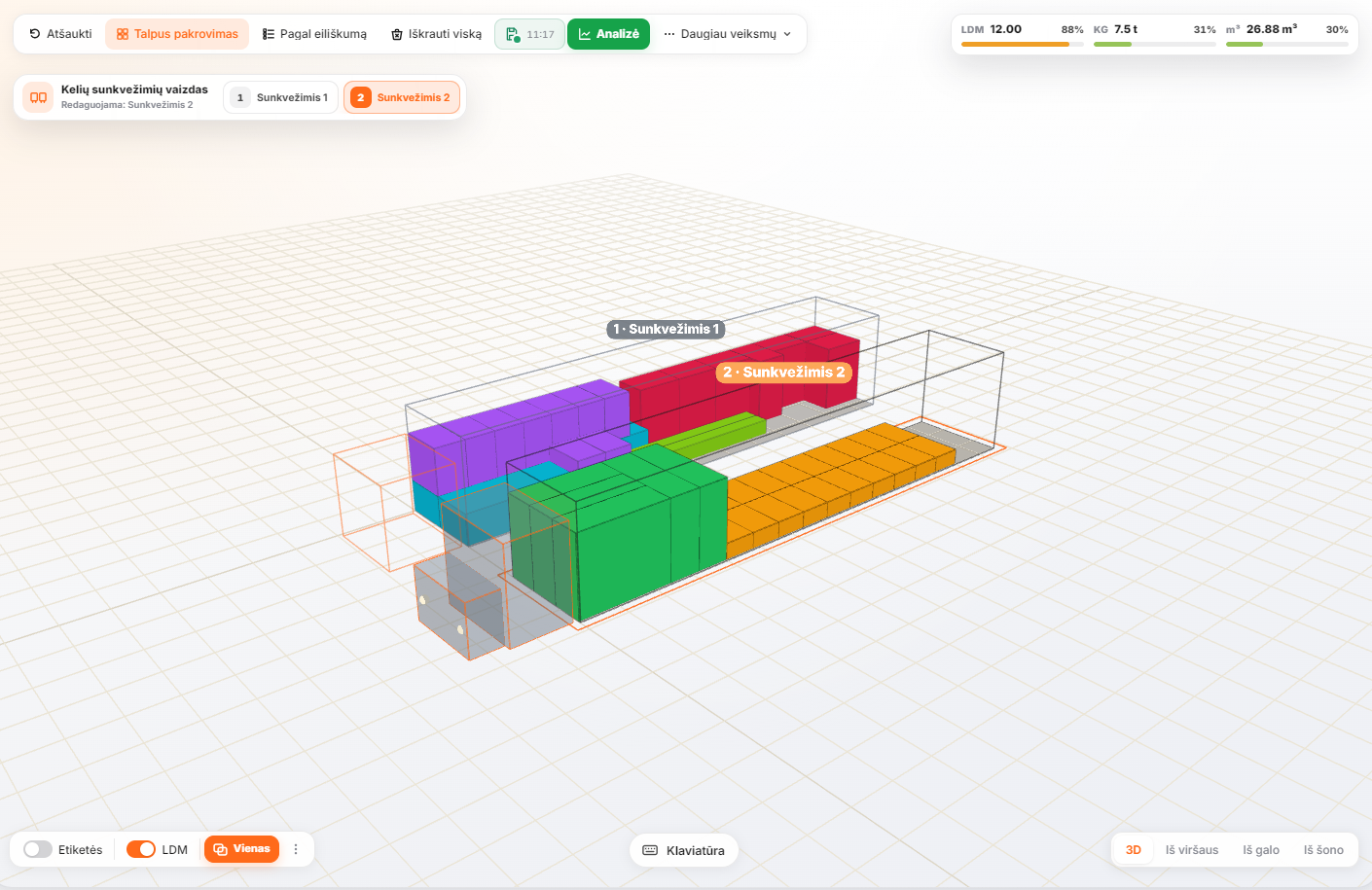 Tikras Cubivo kelių sunkvežimių 3D vaizdas su dviem pakrautomis puspriekabėmis